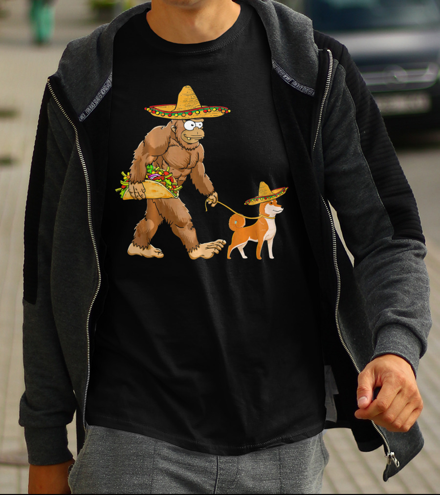 Bigfoot Taco Sombrero Shiba Inu Dog Cinc Walking Cartoon T-Shirt