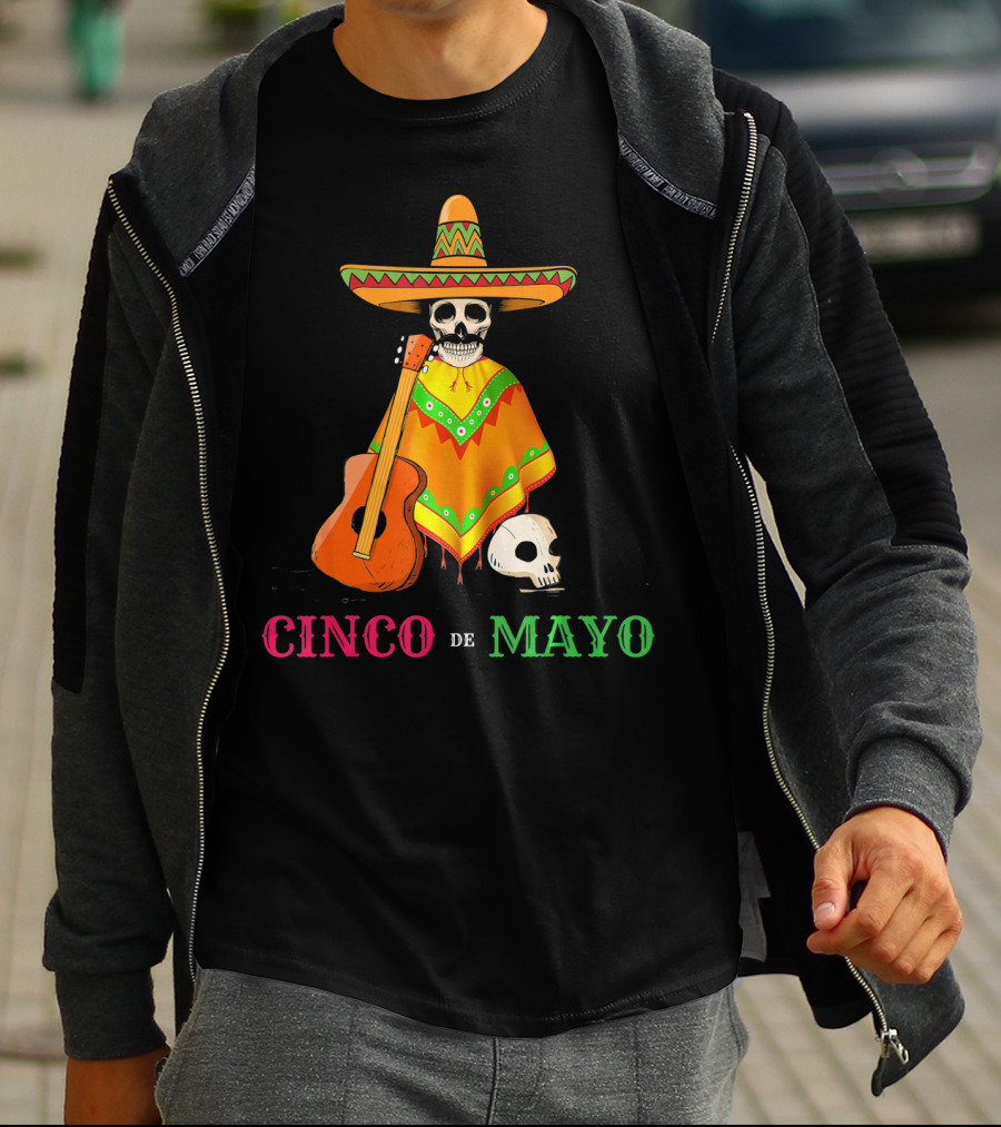 Cinco De Mayo Sombrero Skull Poncho Guitar T-Shirt