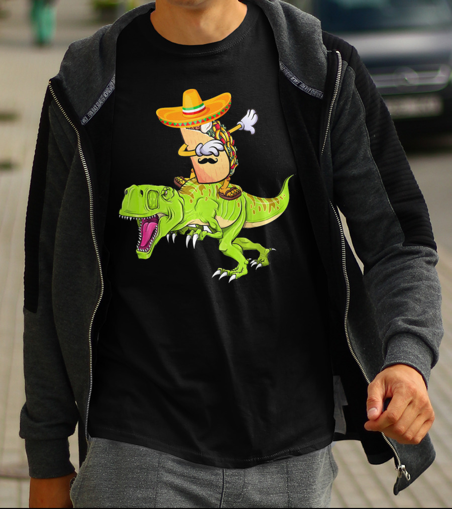 Dabbing Taco Sombrero On T-Rex Dinosaur T-Shirt