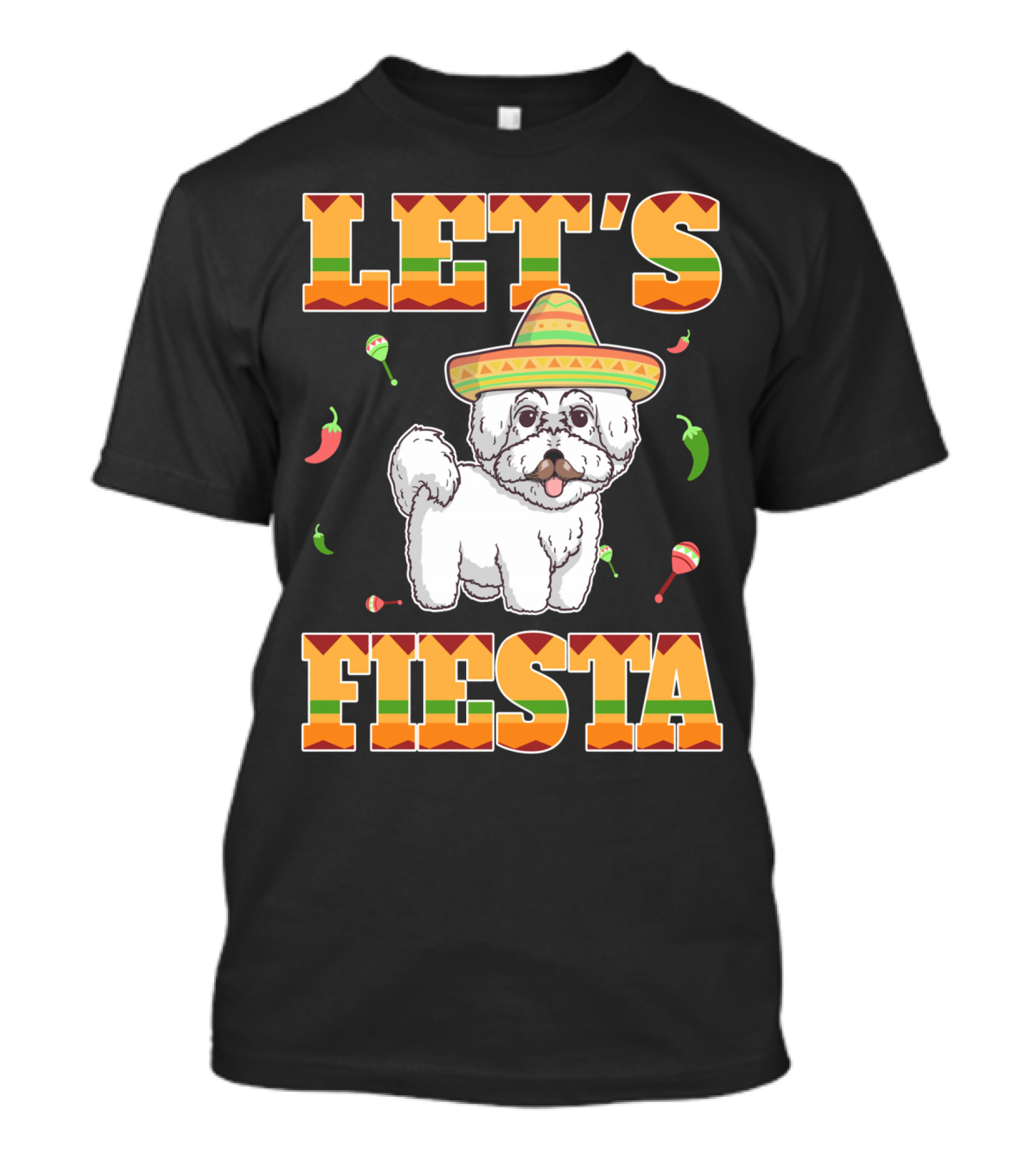 Let's Fiesta Bichon Frise Dog Cinco De Mayo Sombrero Peppers Maracas T-Shirt