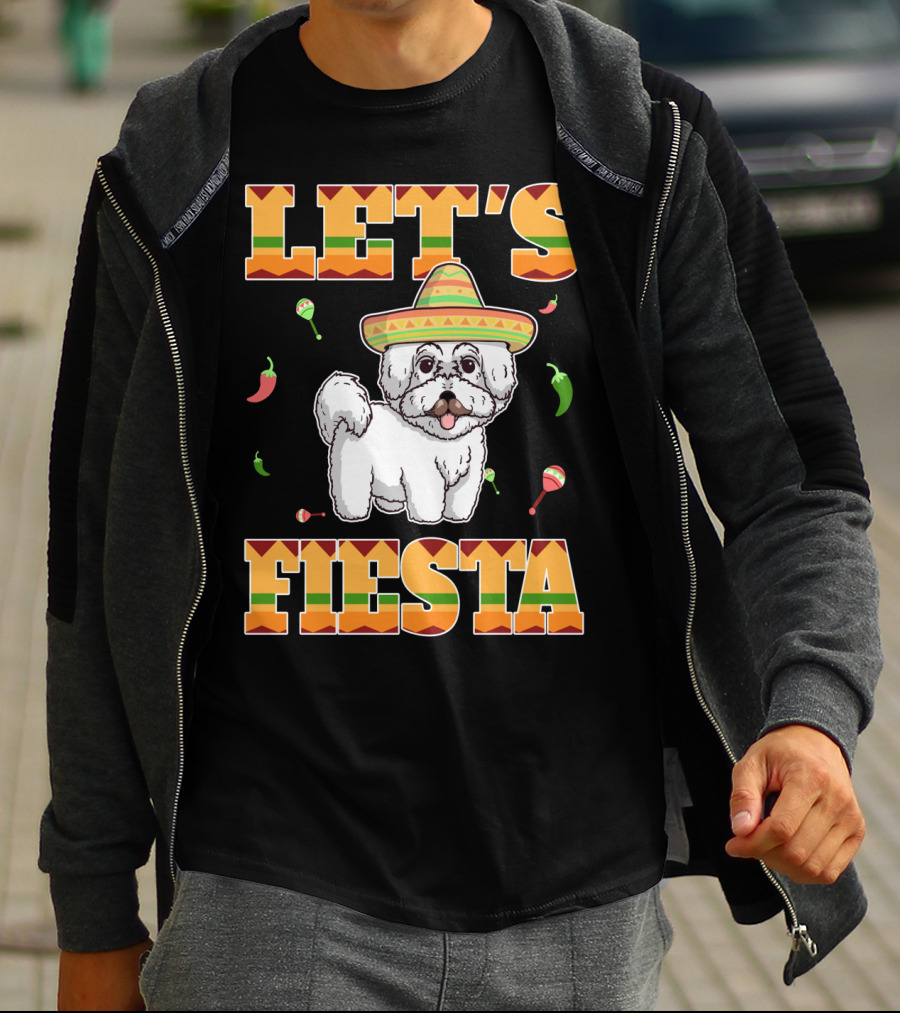 Let's Fiesta Bichon Frise Dog Cinco De Mayo Sombrero Peppers Maracas T-Shirt