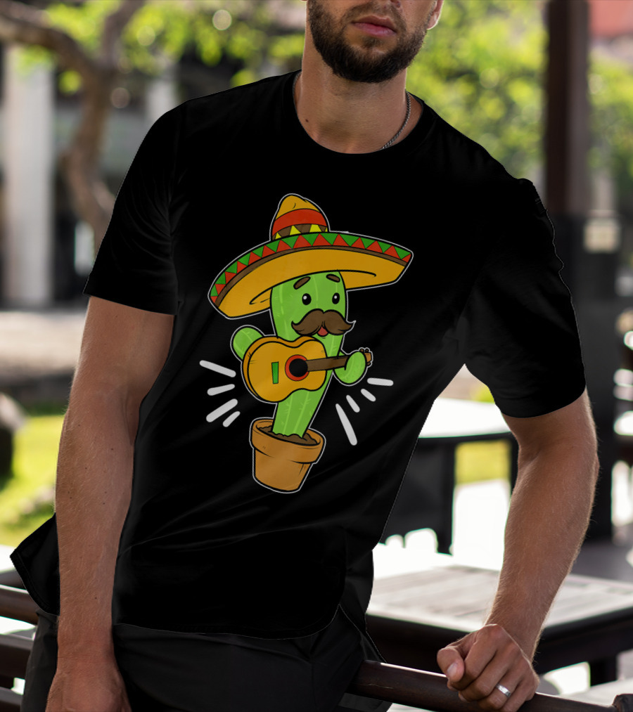 Cinco De Mayo Cactus Playing Guitar With Sombrero T-Shirt