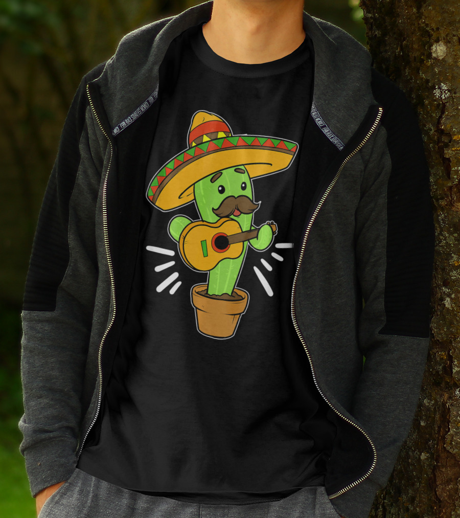 Cinco De Mayo Cactus Playing Guitar With Sombrero T-Shirt