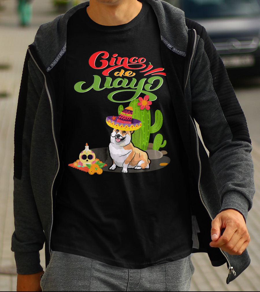 Cinco De Mayo Corgi Dog Fiesta With Sombrero And Cactus T-Shirt