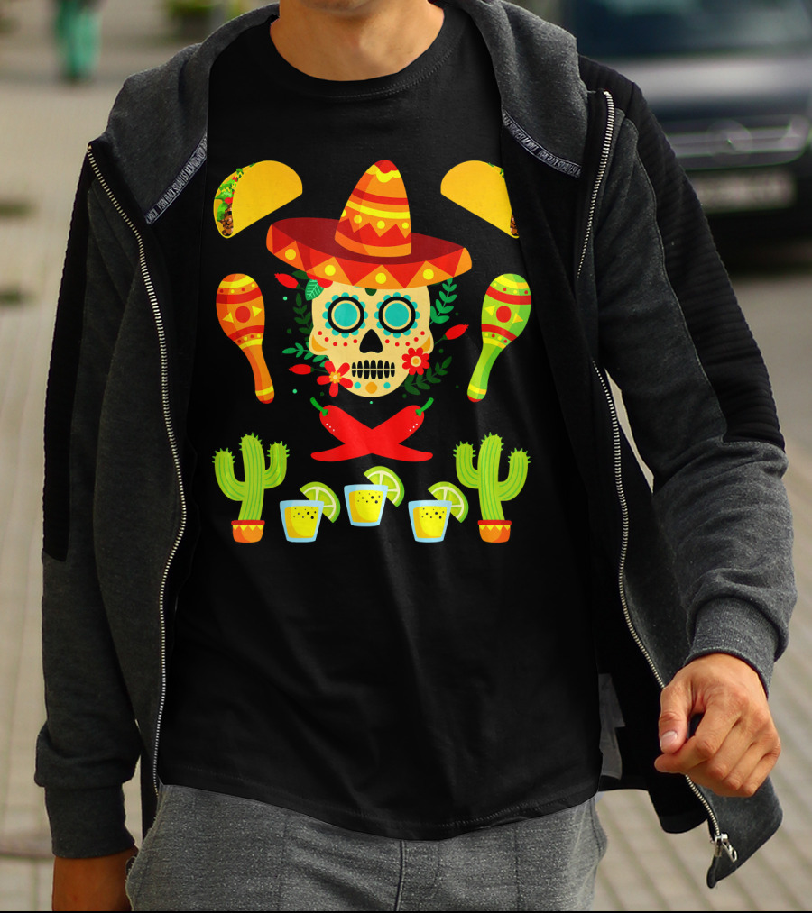 Fiesta Cinco De Mayo Sombrero Cactus Maracas Tacos Skull Peppers Shots Lime T-Shirt