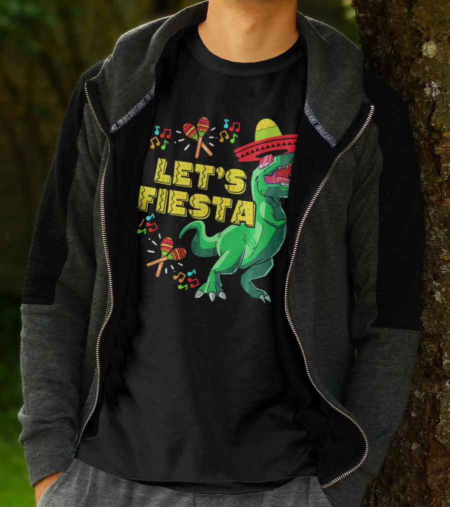 Let's Fiesta Cinco De Mayo Dino Sombrero Maracas Music Notes T-Shirt
