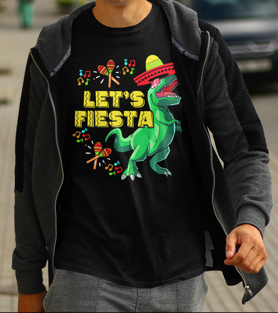 Let's Fiesta Cinco De Mayo Dino Sombrero Maracas Music Notes T-Shirt