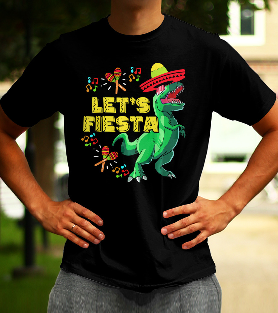 Let's Fiesta Cinco De Mayo Dino Sombrero Maracas Music Notes T-Shirt
