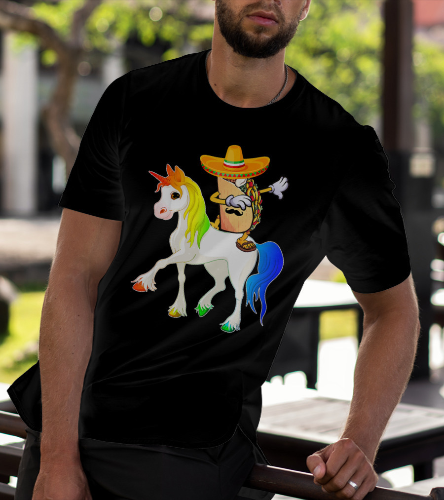 Dabbing Taco Sombrero With Mustache Riding Colorful Unicorn Fun T-Shirt