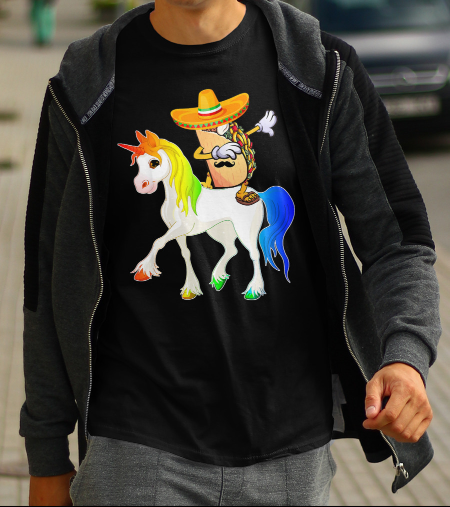 Dabbing Taco Sombrero With Mustache Riding Colorful Unicorn Fun T-Shirt