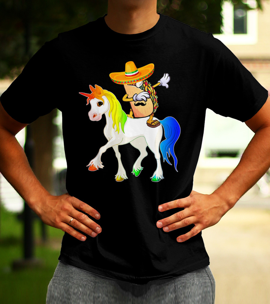 Dabbing Taco Sombrero With Mustache Riding Colorful Unicorn Fun T-Shirt