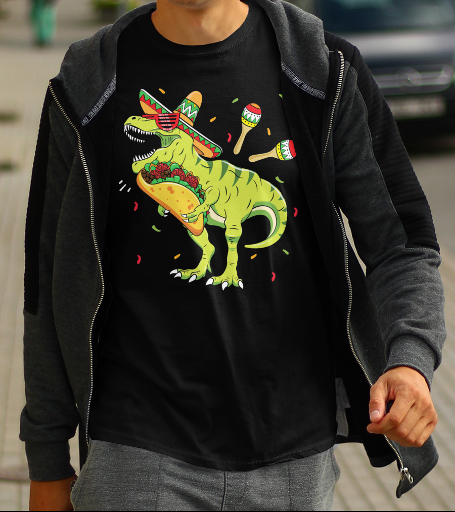 Cinco De Mayo T Rex With Sombrero Maracas And Taco T-Shirt