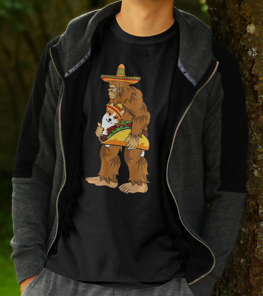 Bigfoot Sombrero Carry Corgi Taco Cinco De Mayo Humor T-Shirt