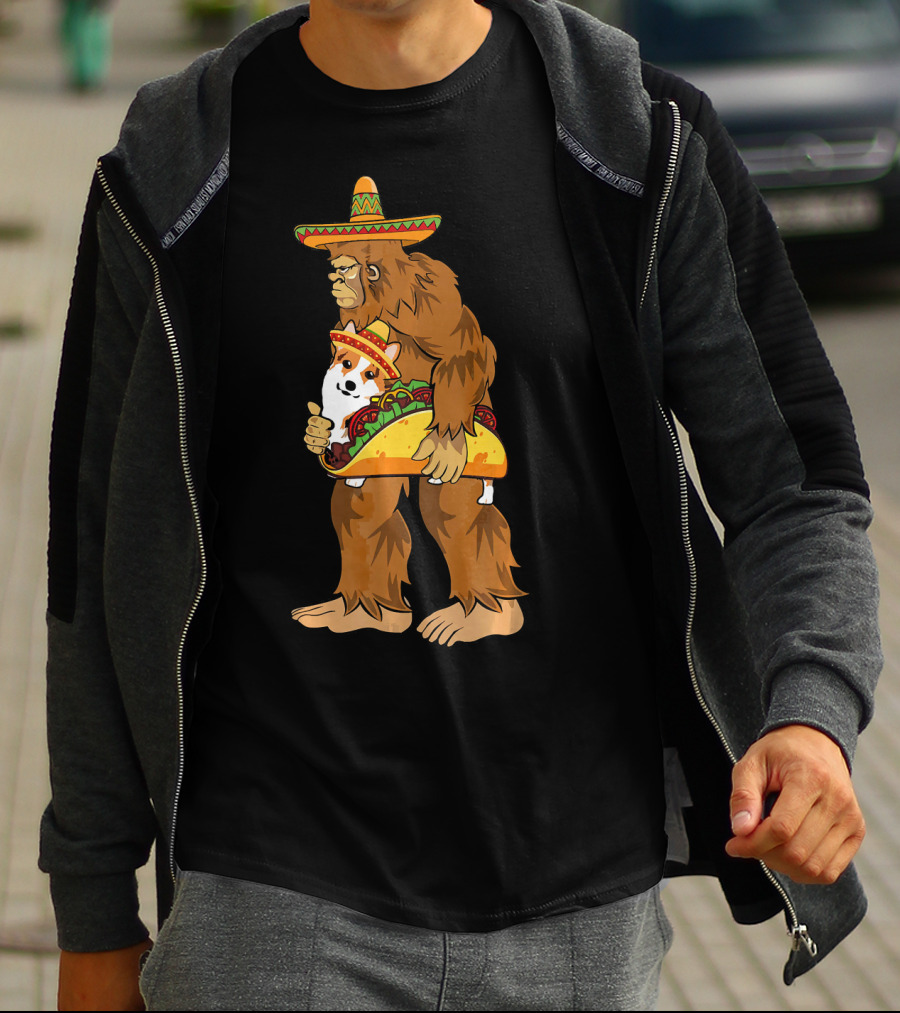 Bigfoot Sombrero Carry Corgi Taco Cinco De Mayo Humor T-Shirt