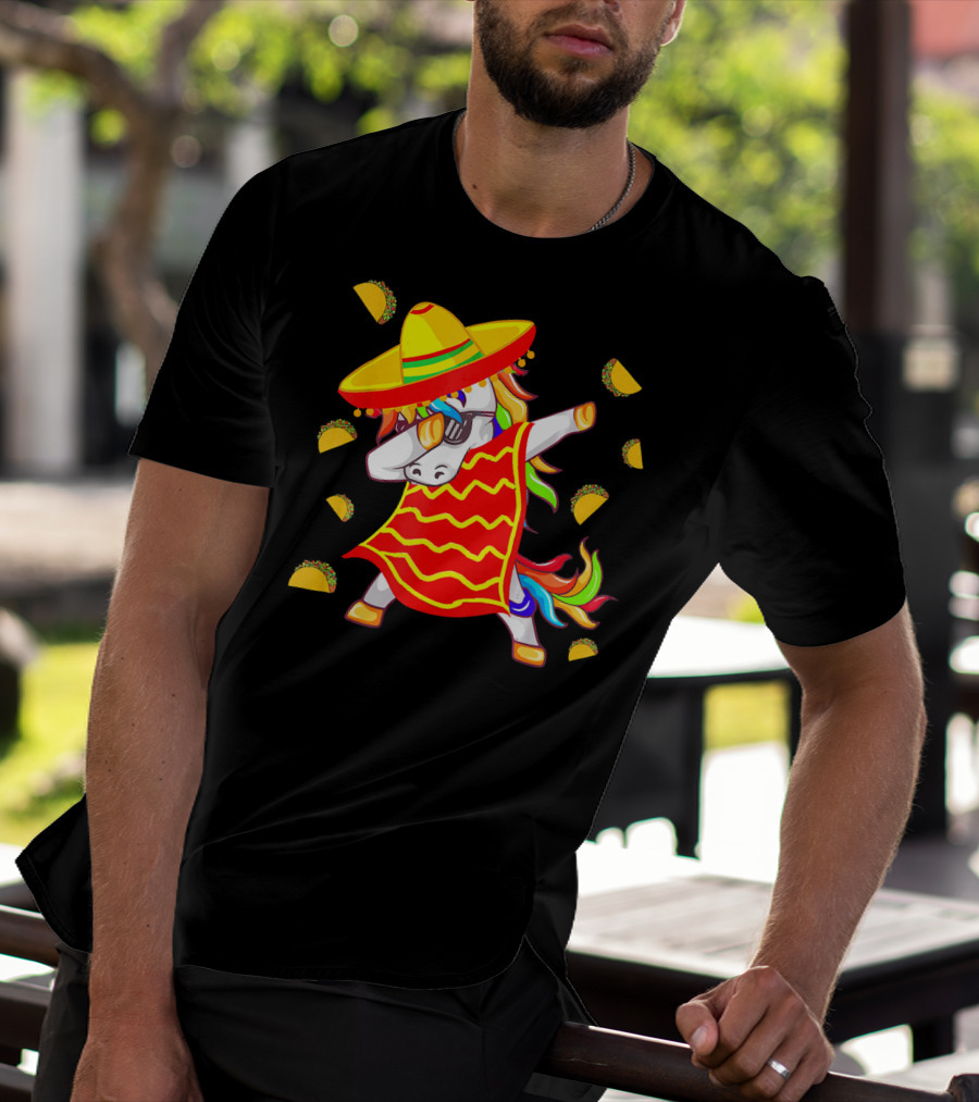 Unicorn Dabbing In Mexican Poncho With Sombrero Surrounded By Tacos T-Shirt