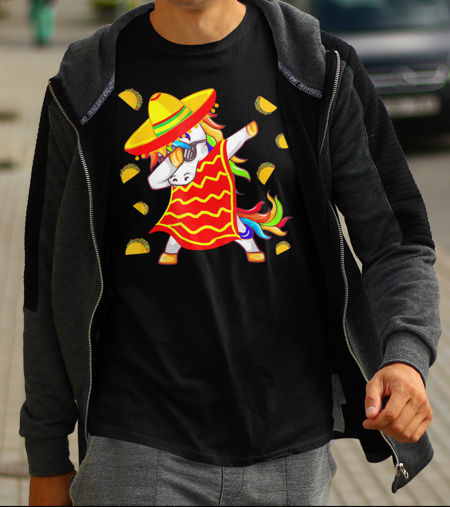 Unicorn Dabbing In Mexican Poncho With Sombrero Surrounded By Tacos T-Shirt