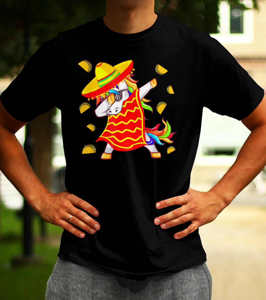 Unicorn Dabbing In Mexican Poncho With Sombrero Surrounded By Tacos T-Shirt