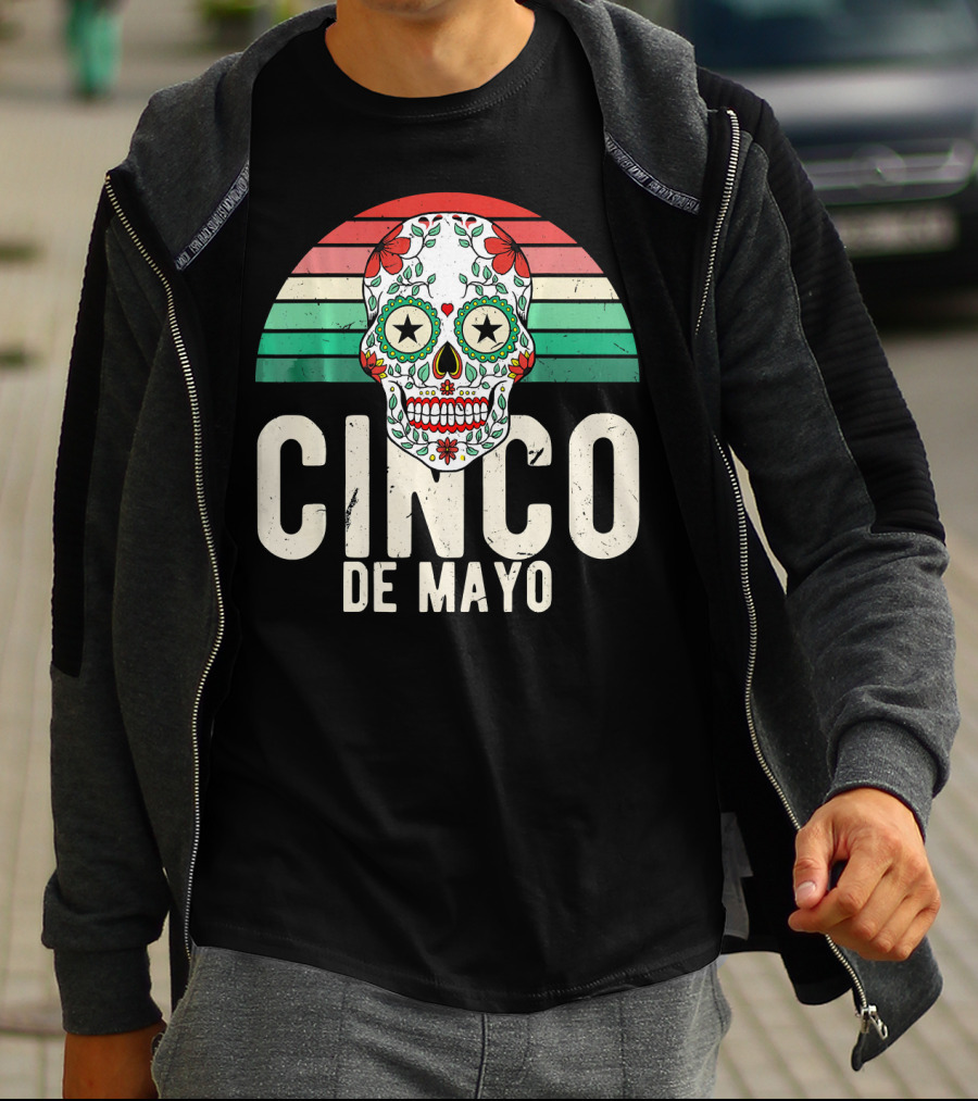 Cinco De Mayo Sugar Skull Retro Stripes T-Shirt