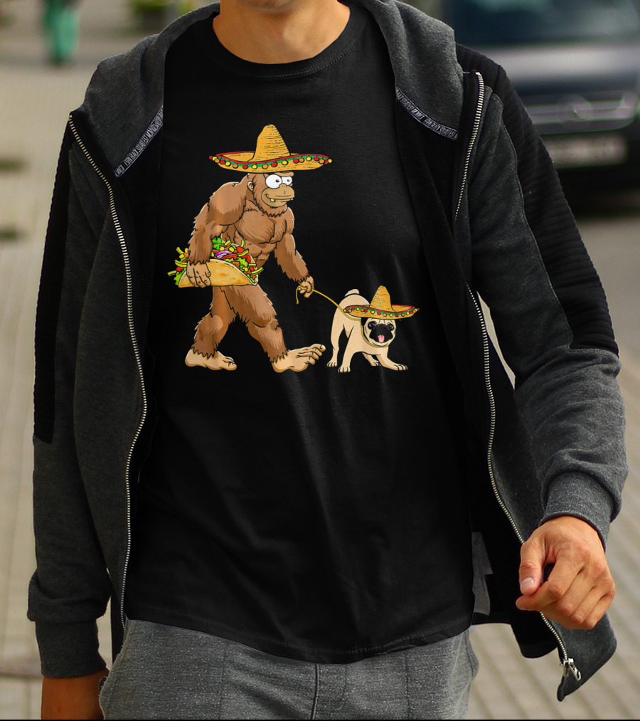 Bigfoot Sombrero Taco Pug Dog Cinco De Mayo T-Shirt