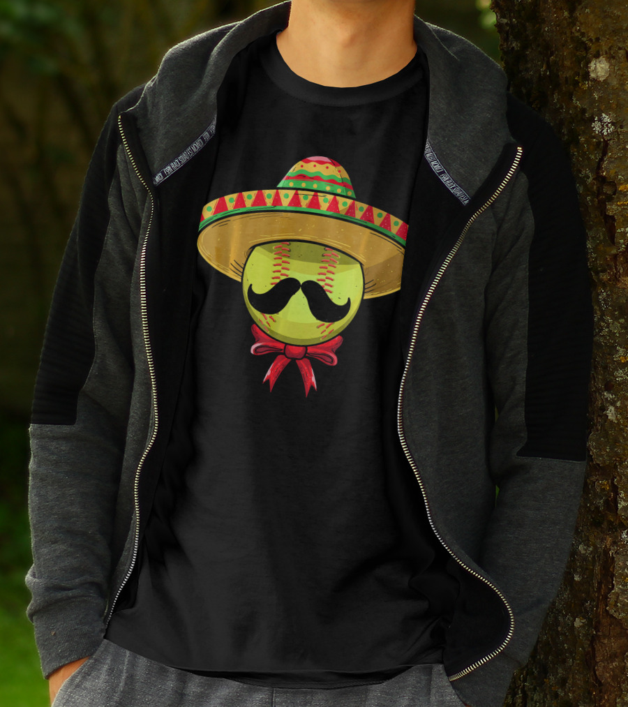 Cinco De Mayo Mexican Sombrero Softball Mustache Red Bow T-Shirt