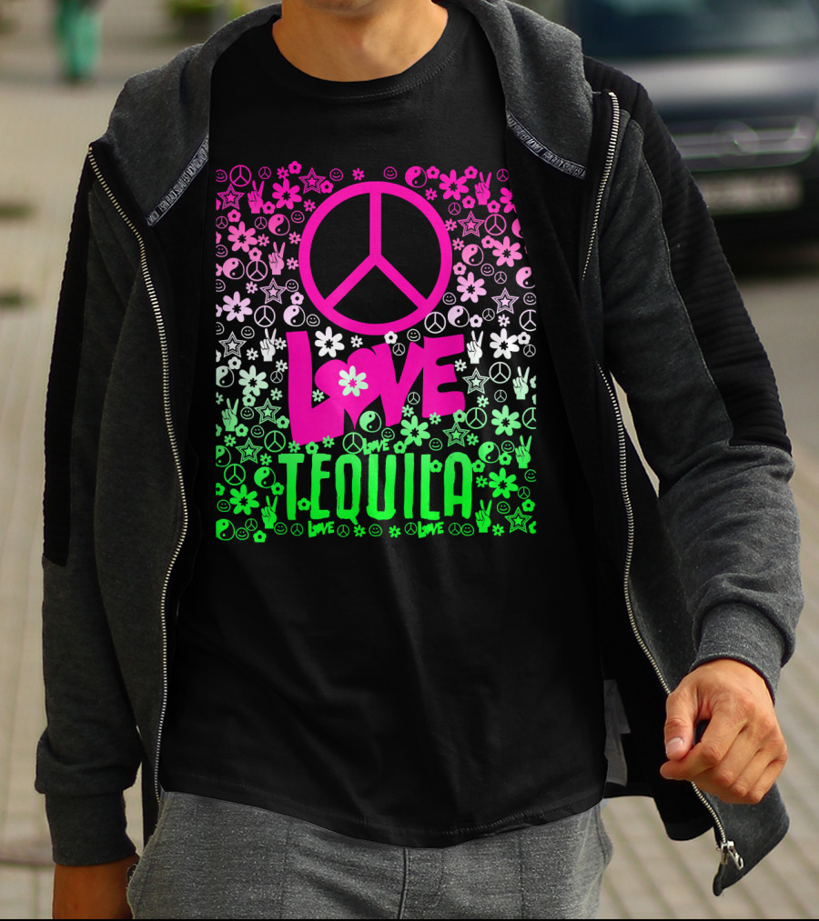 Peace Love Tequila Hippie Style Cinco De Mayo Festive Symbols Icons T-Shirt