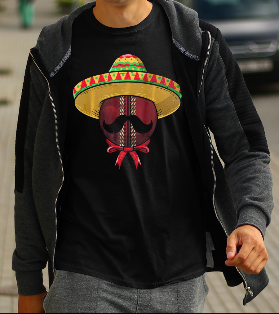 Cinco De Mayo Sombrero Cricket Ball Mustache T-Shirt