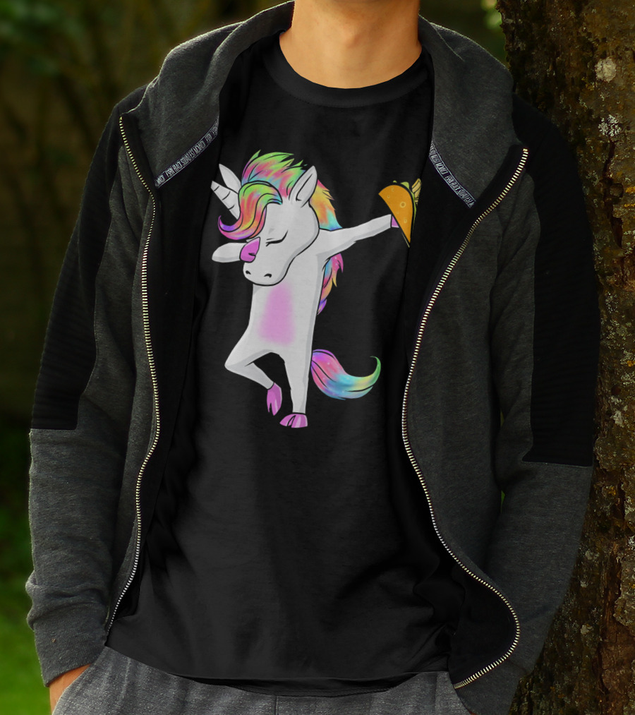 Unicorn Dabbing With Rainbow Mane Holding Tacos T-Shirt