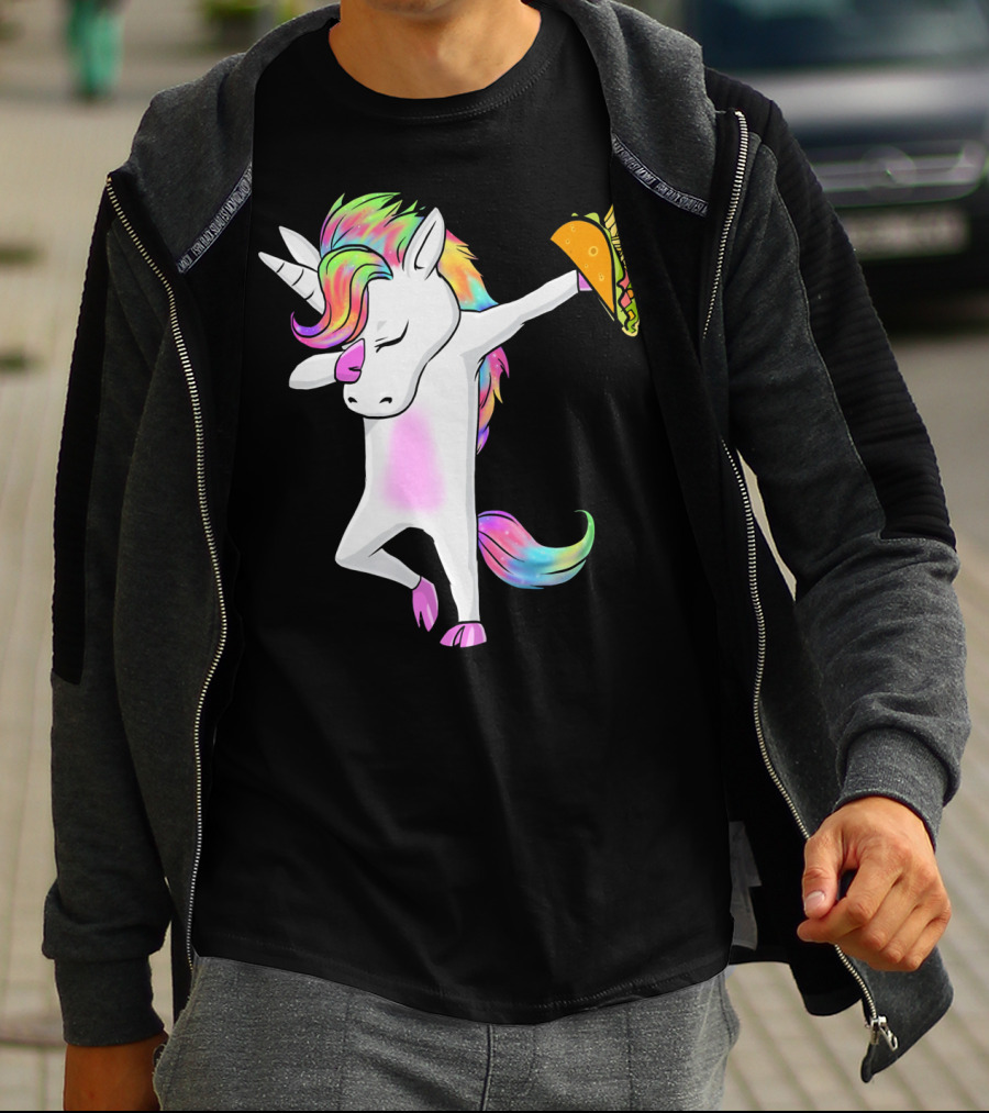 Unicorn Dabbing With Rainbow Mane Holding Tacos T-Shirt