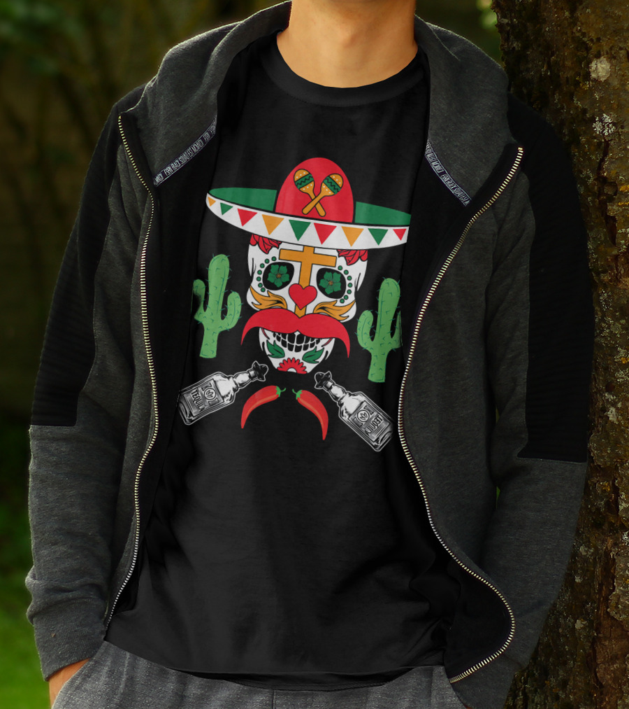 Cinco De Mayo Sugar Skull Sombrero Cactus With Tequila And Peppers T-Shirt