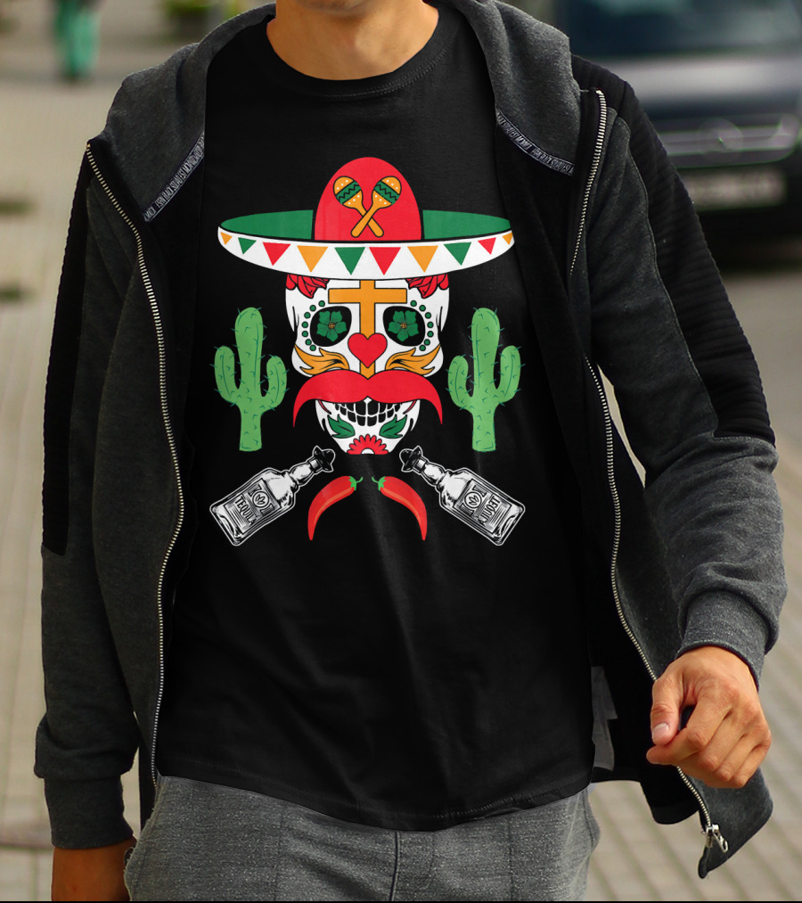 Cinco De Mayo Sugar Skull Sombrero Cactus With Tequila And Peppers T-Shirt