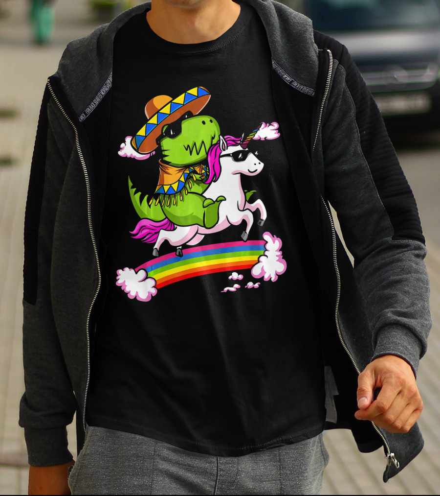 T Rex Dinosaur Riding Unicorn Cinco De Mayo Rainbow Sombrero Sunglasses T-Shirt