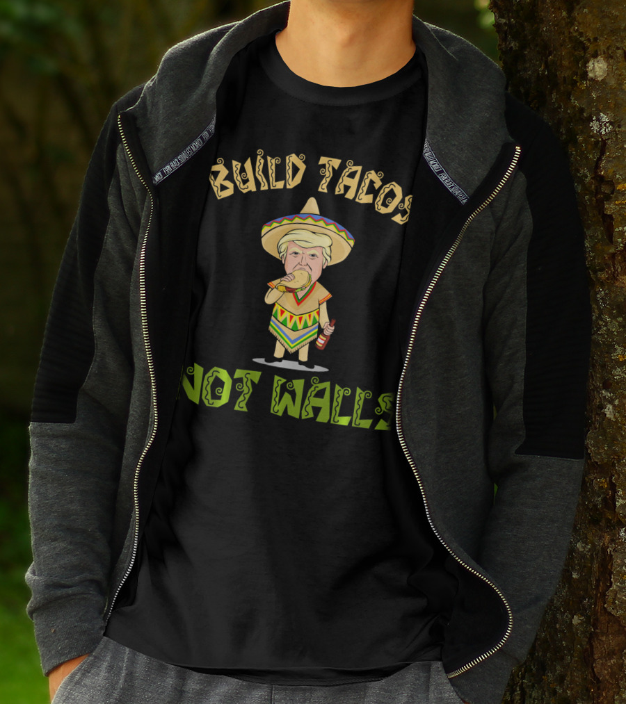 Build Tacos Not Walls Cinco De Mayo Sombrero Character Eating Taco T-Shirt