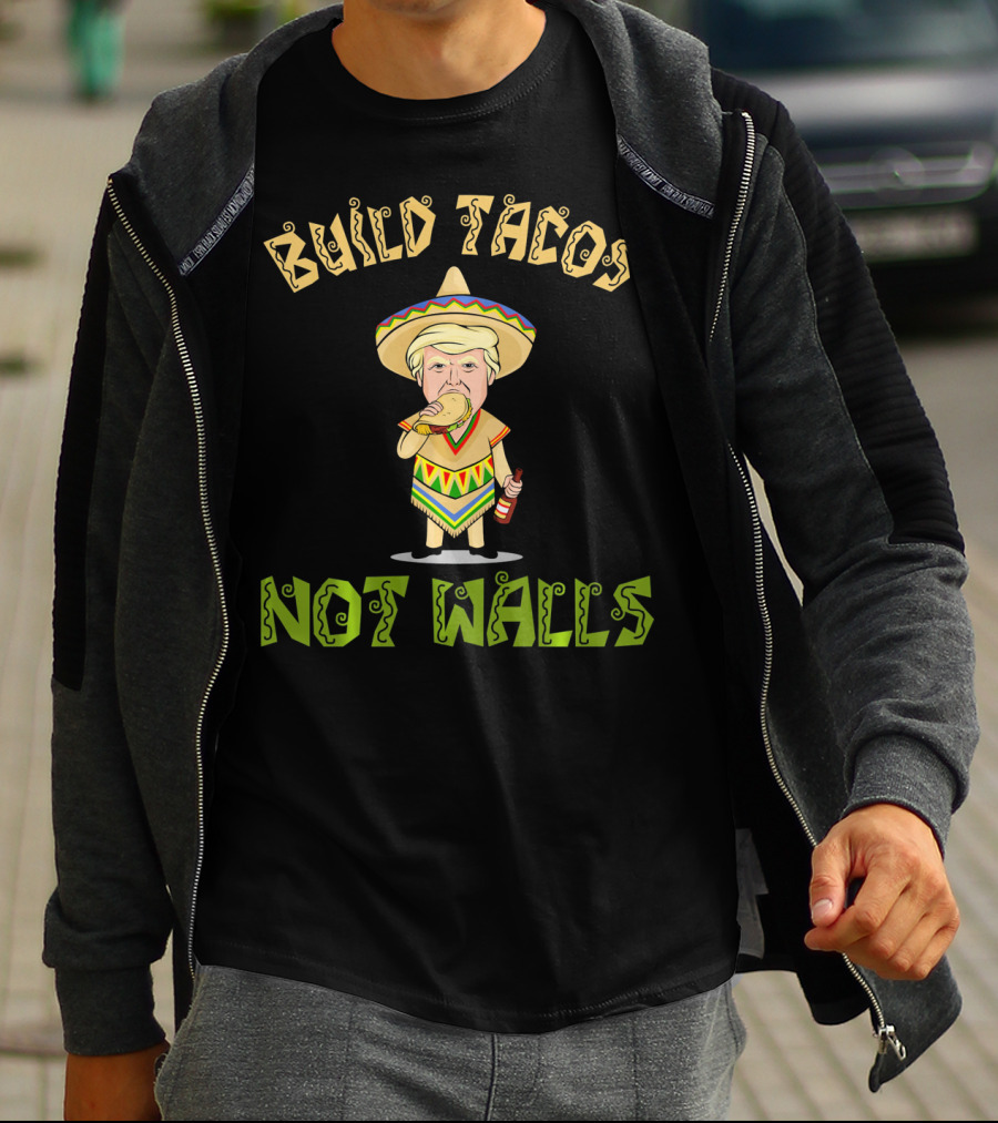 Build Tacos Not Walls Cinco De Mayo Sombrero Character Eating Taco T-Shirt
