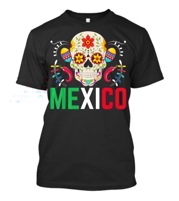 Colorful Cinco De Mayo Mexico Sugar Skull Design With Decorative Elements T-Shirt