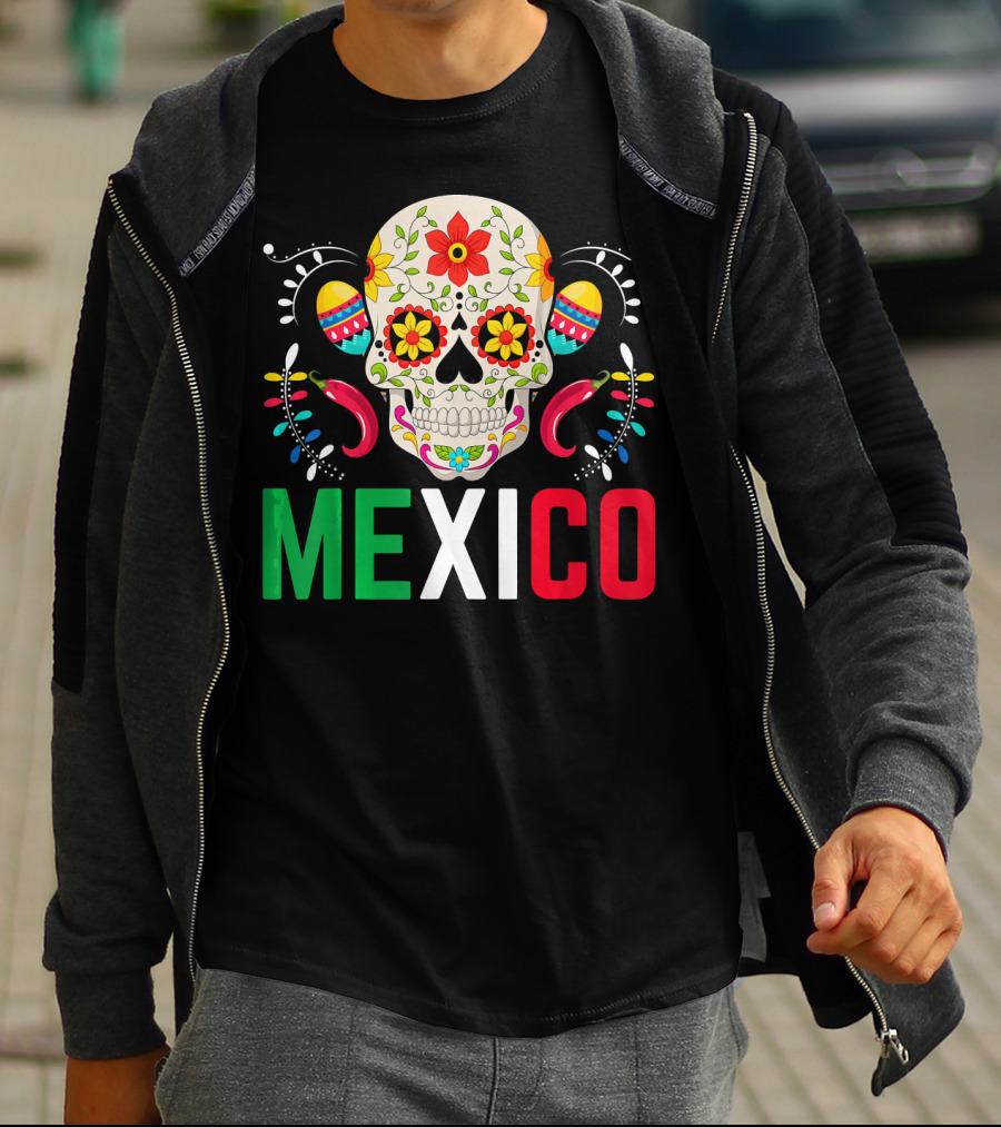 Colorful Cinco De Mayo Mexico Sugar Skull Design With Decorative Elements T-Shirt