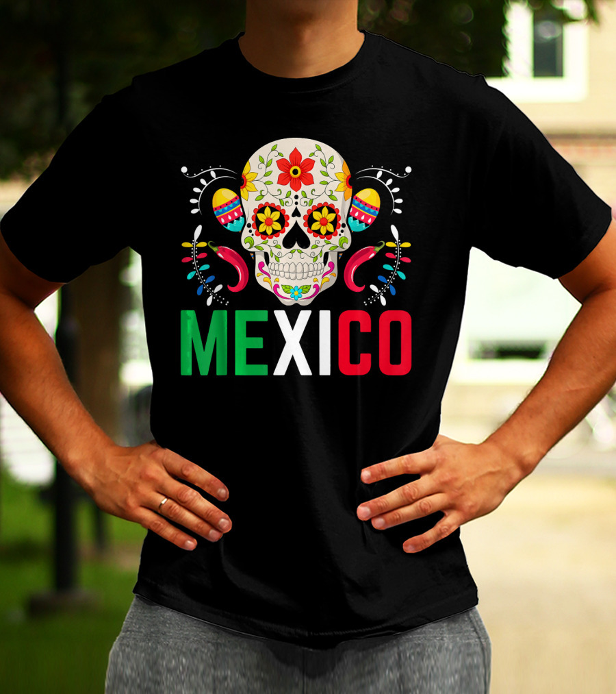 Colorful Cinco De Mayo Mexico Sugar Skull Design With Decorative Elements T-Shirt