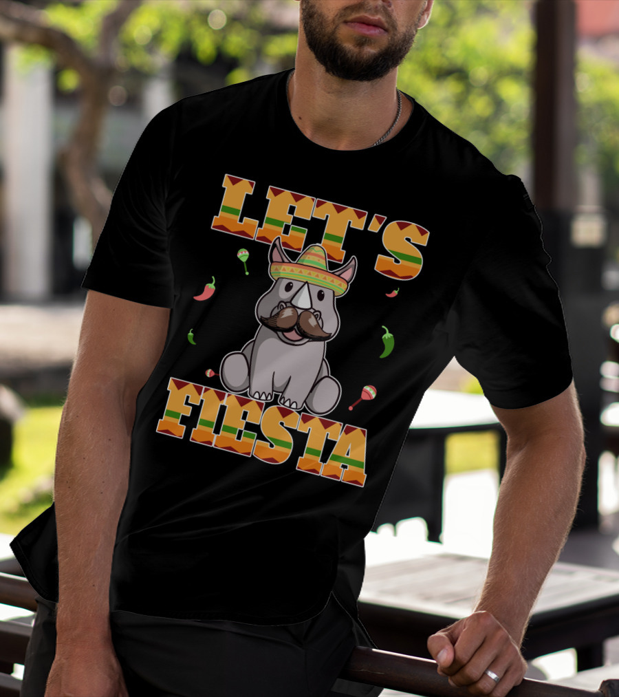 Let's Fiesta Rhinoceros Cinco De Mayo Mex Sombrero Peppers Maracas T-Shirt