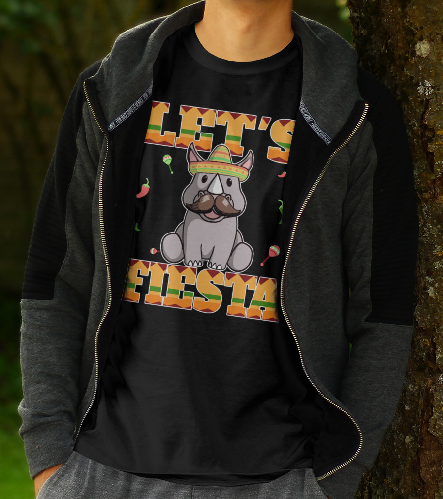 Let's Fiesta Rhinoceros Cinco De Mayo Mex Sombrero Peppers Maracas T-Shirt