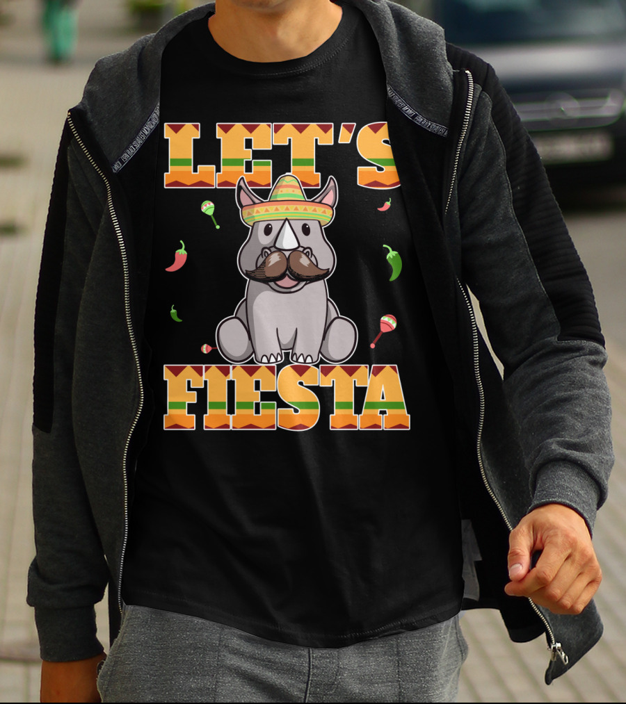Let's Fiesta Rhinoceros Cinco De Mayo Mex Sombrero Peppers Maracas T-Shirt