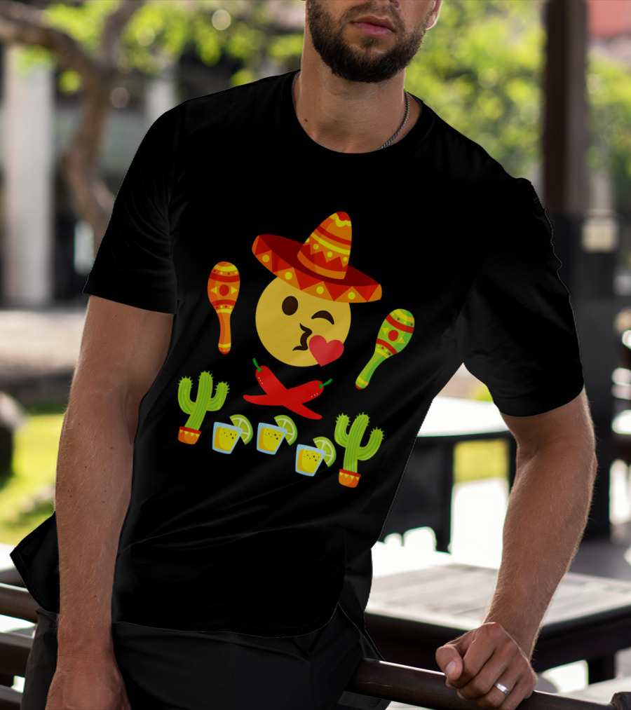 Kiss Emoji Cinco De Mayo Sombrero Maracas Cactus Peppers Margaritas T-Shirt