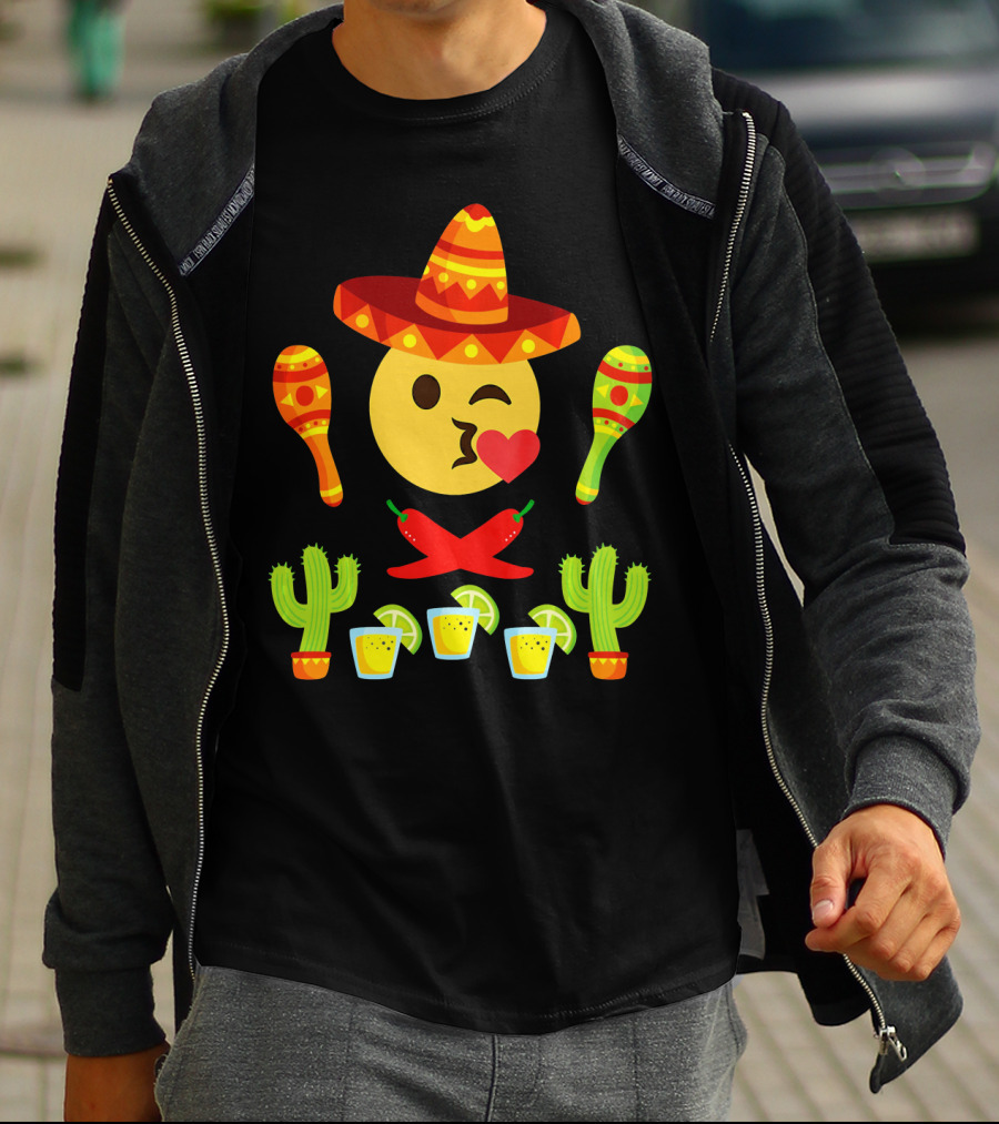 Kiss Emoji Cinco De Mayo Sombrero Maracas Cactus Peppers Margaritas T-Shirt