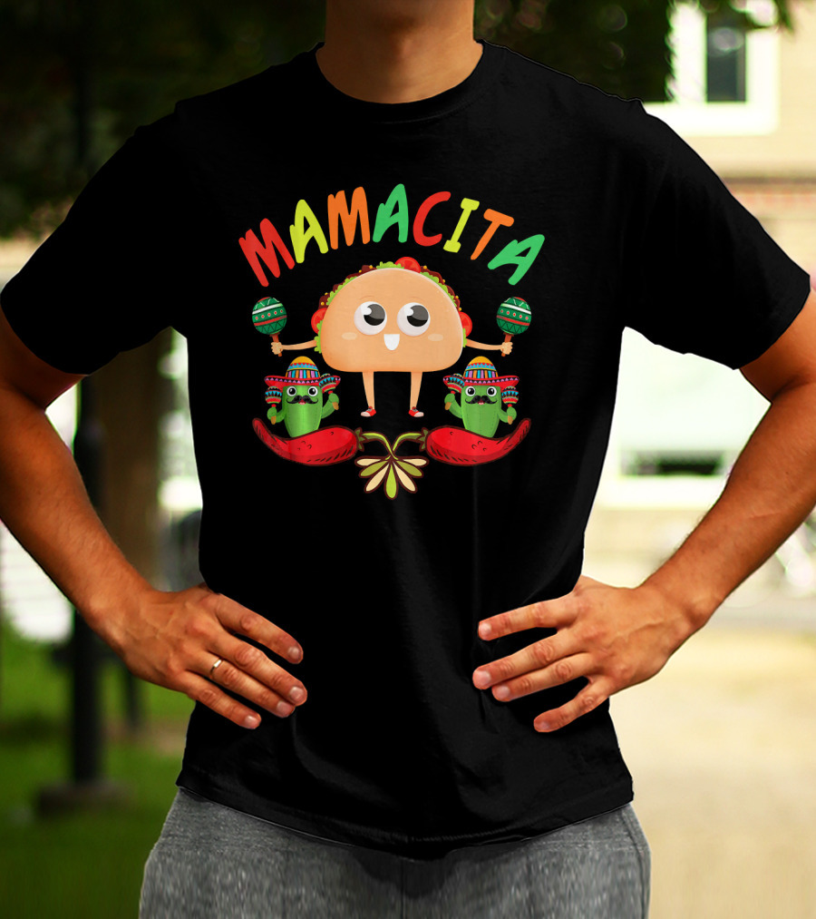 Mamacita Taco And Cactus Fiesta With Maracas And Sombrero T-Shirt