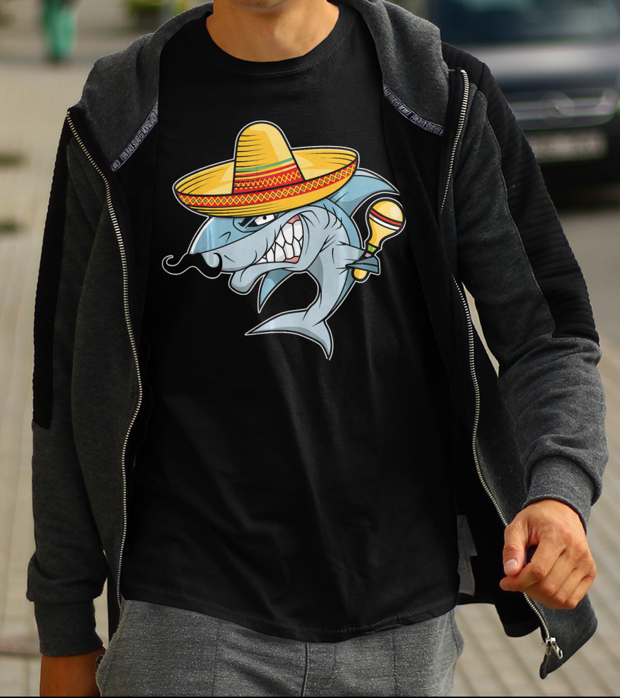 Cinco De Mayo Shark Wearing Sombrero With Maraca Mexican Fiesta T-Shirt