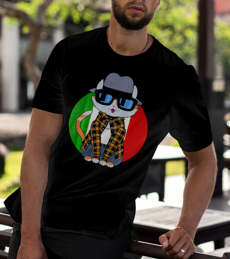 Cinco De Mayo Mexican Kitty Cat With Sunglasses And Plaid Shirt In Front Of Tricolor Circle T-Shirt