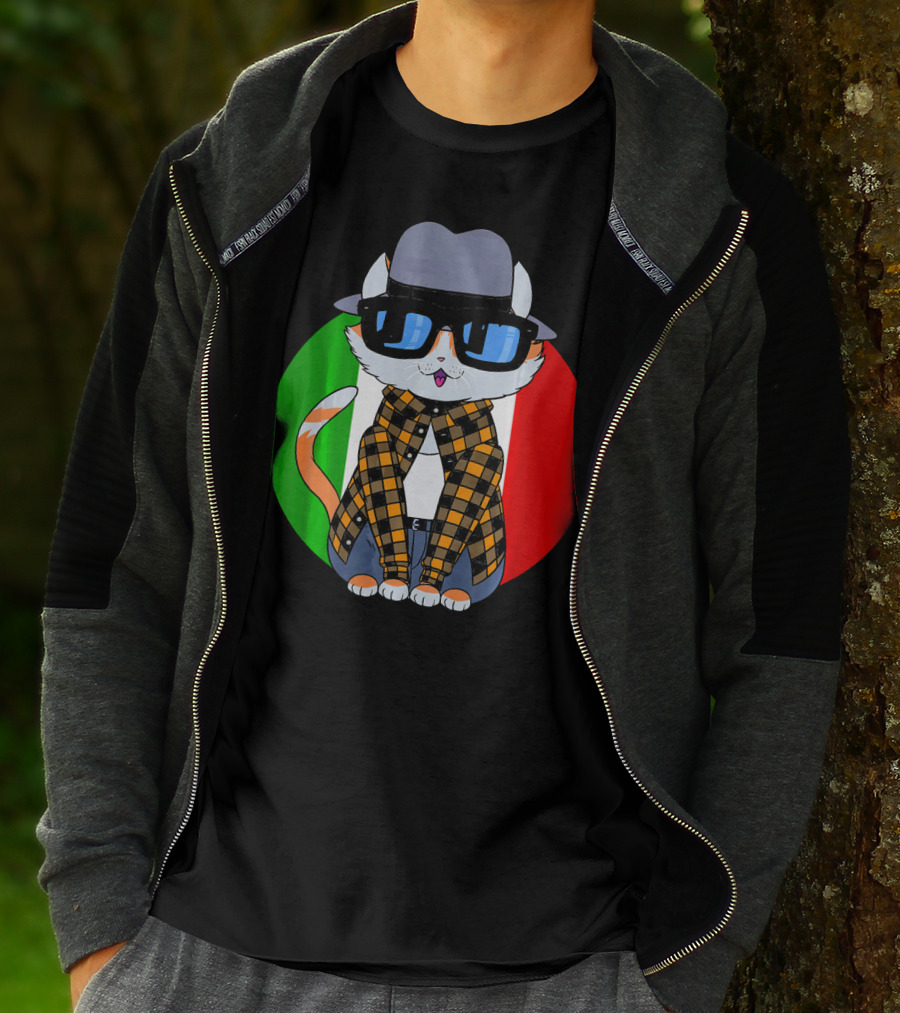 Cinco De Mayo Mexican Kitty Cat With Sunglasses And Plaid Shirt In Front Of Tricolor Circle T-Shirt