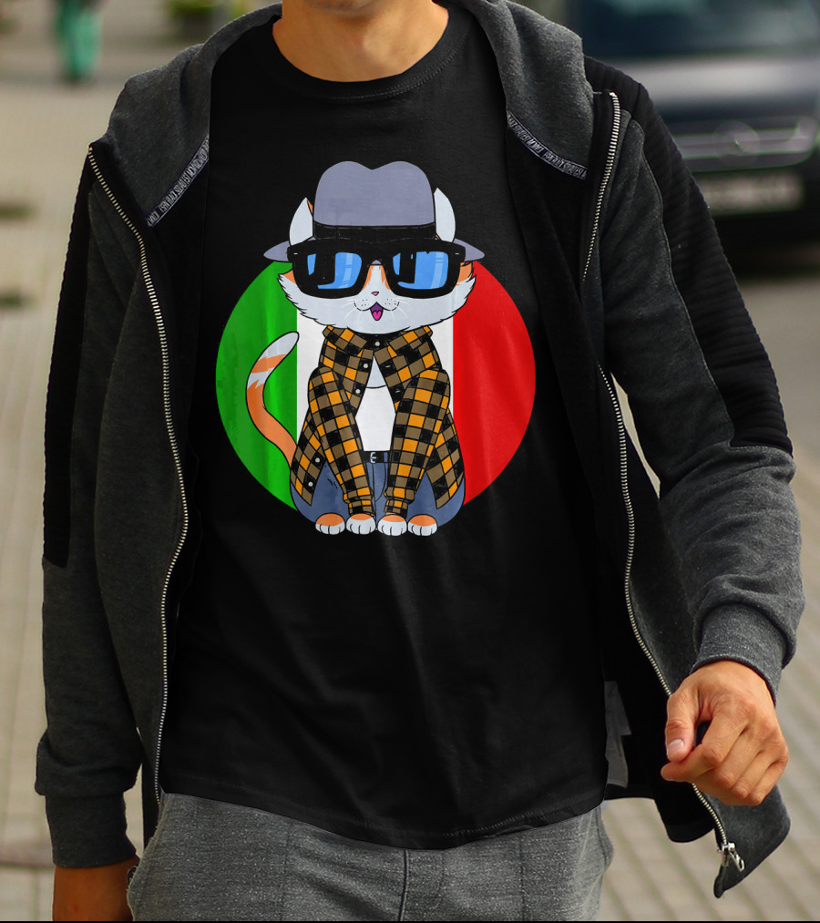 Cinco De Mayo Mexican Kitty Cat With Sunglasses And Plaid Shirt In Front Of Tricolor Circle T-Shirt