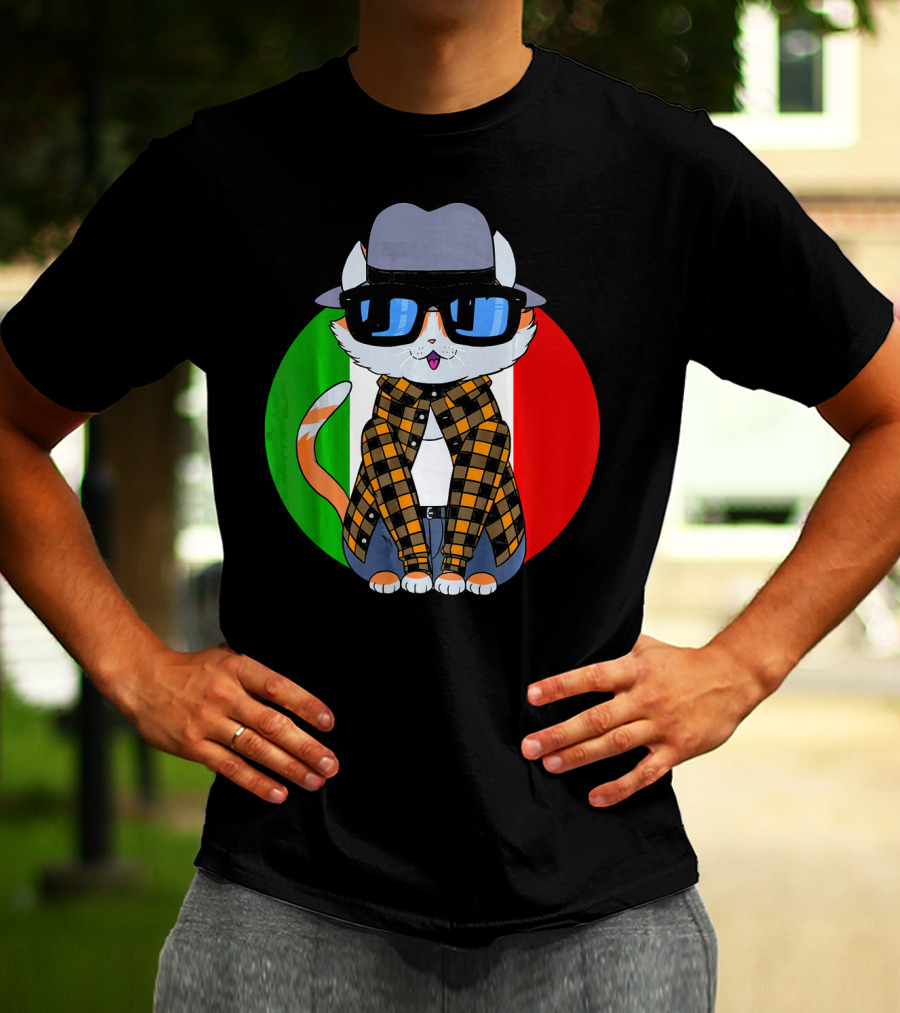 Cinco De Mayo Mexican Kitty Cat With Sunglasses And Plaid Shirt In Front Of Tricolor Circle T-Shirt