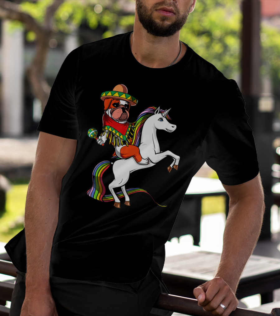 English Bulldog Riding Unicorn Cinco De Mayo Fiesta Hat And Maracas T-Shirt