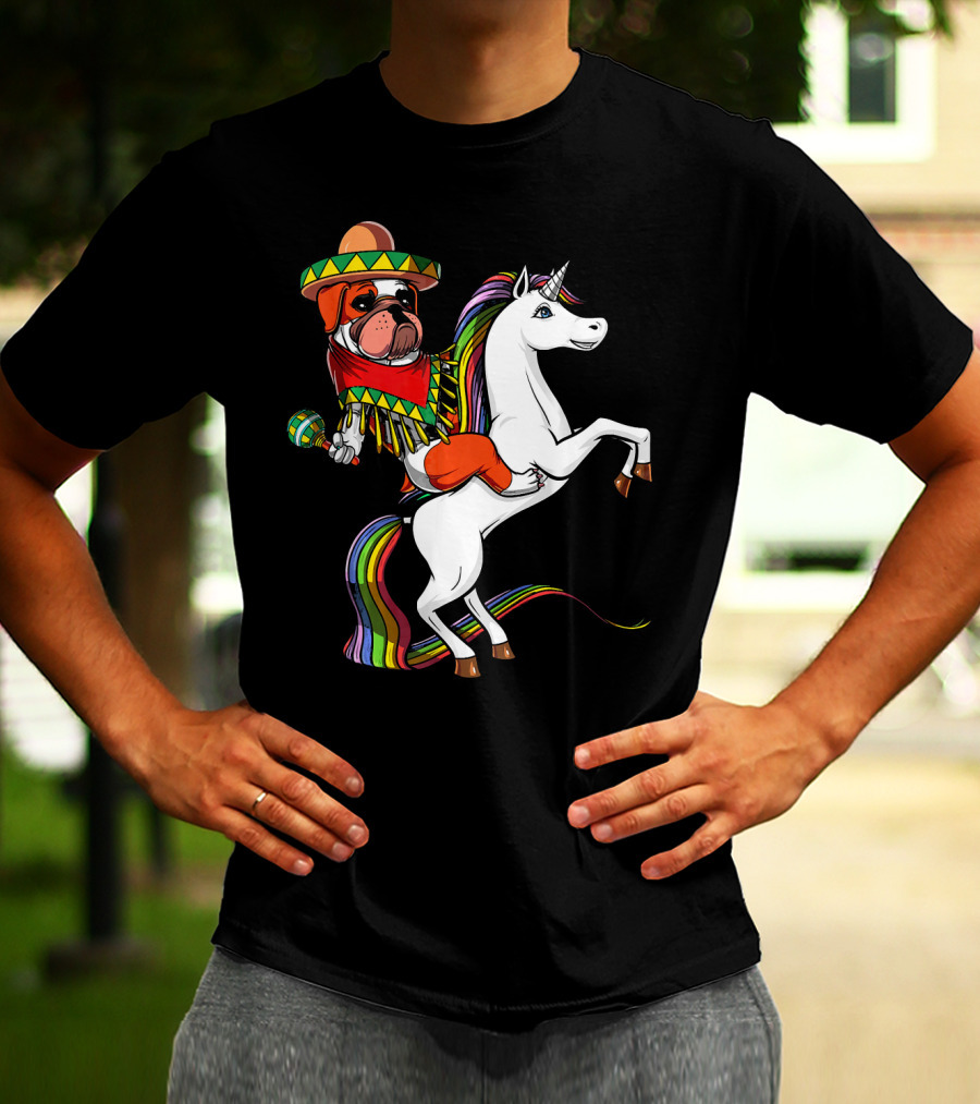English Bulldog Riding Unicorn Cinco De Mayo Fiesta Hat And Maracas T-Shirt