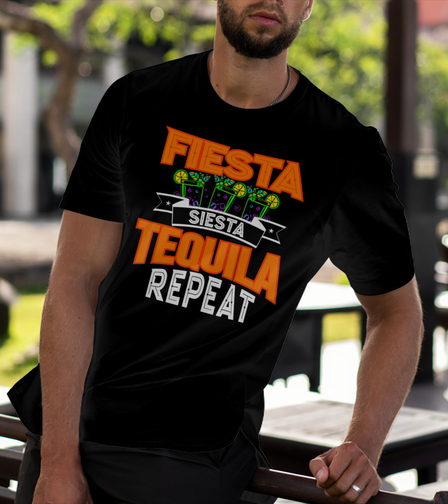 Fiesta Siesta Tequila Repeat Drinker Cin Colorful Margarita Glasses Lime Party T-Shirt